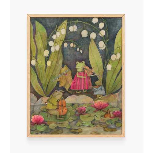 Whimsical Frog Concert Watercolor Art Print: Botanical Nursery Decor
