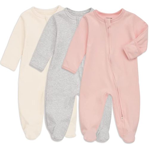 Baby Footed Pajamas with Mitten Cuffs, Double Zipper Infant Cotton Onesie Sleeper Pjs, Newborn Footies Sleep 'n Play - 0-3 Months - Ivory & Grey & Pink