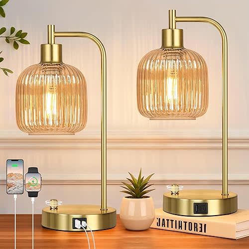 QiMH Industrial Table Lamp for Bedroom Set of 2, Champagne Glass Beside Lamp with USB A&C Ports, Stepless Dimmable Gold Lamps, Nightstand Lamps for Living Room, Office, Home Decor(Bulb Included)