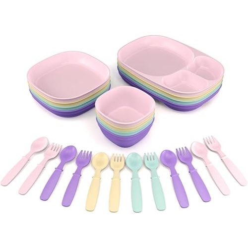 MightyMoe Toddler Dinnerware Set, 24pc Plates Trays & Bowls - Made in USA, Microwave and Dishwasher Safe, BPA Free, Shatter Resistant, Pastel Color, Toddler Tableware
