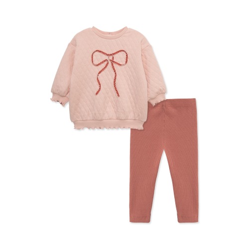 Bow Appliqué Quilted Crewneck Sweatshirt & Ribbed Leggings Set
