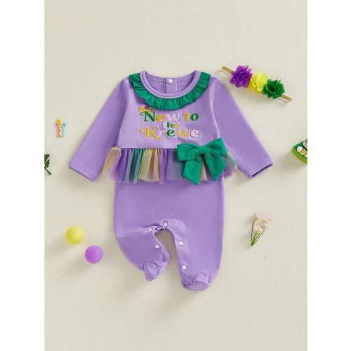 Newborn Baby Girl Mardi Gras Outfit Footed Romper Spring Fall Winter Carnival Clothes They Found Me In A King Cake Long Sleeve Ruffle Collar Letter Footied Embroidery Jumpsuit Headband | SHEIN USA
