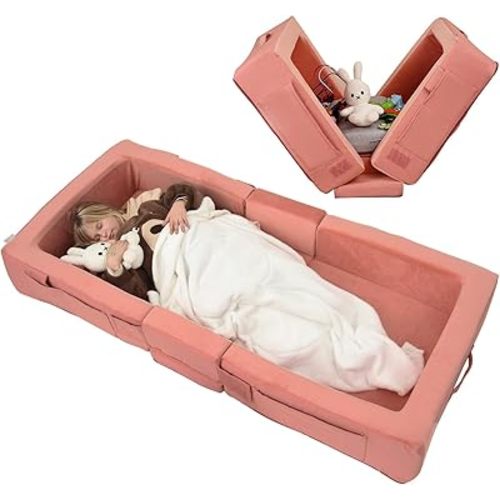 ENITYA Toddler Travel Bed, Folding Floor Cot for Travel, Portable Kids Bed for Sleeping, Washable Toddler Cot for Children 1– 4yr Old, Pink