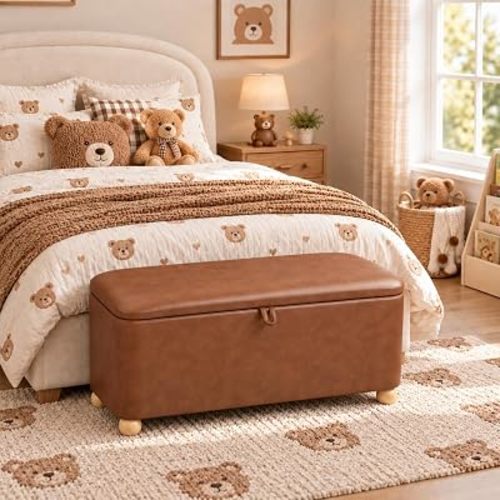 Homebeez 40 inch Storage Ottoman Bench, Faux Leather Upholstered Foot Rest Stool for Bedroom, End of Bed Bench for Living Room, Entryway (Vintage Brown)