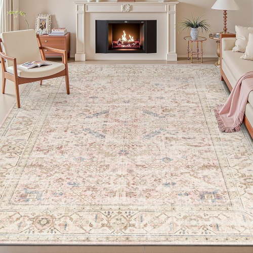 SIXHOME 9'x12' Area Rugs for Living Room Washable Rugs Carpet Vintage Traditional Rugs for Bedroom Dinning Room Office Soft Non Slip Large Area Rug Retro Home Decor Pink
