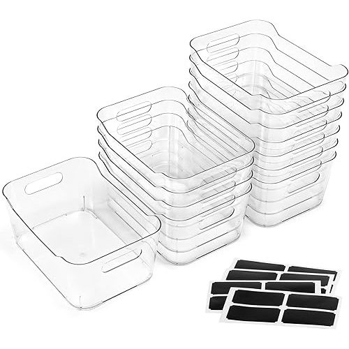 12 PACK Multi-Use Clear Plastic Storage Bins for Organizing w/ Labels - Home, Kitchen, Bathroom, Office, Pantry Cabinet Shelf Organizer Bins - SOHO Collection, RV, Fridge Organization Containers