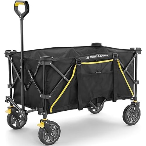 Gorilla Carts Collapsible Folding Outdoor Utility Wagon, 7 Cu Ft Oversized Bed, 150 lb Load Rating, Black – Foldable Rolling Cart w/Pockets & Cup Holders for Beach, Camping, Sports or Picnic
