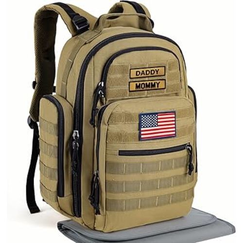 SHARKMOUTH Baby Diaper Bag for Men - Large Military Daddy Gear Backpack with Changing Pad for Travel Camping Hiking - Army Style for Active Dad Tan