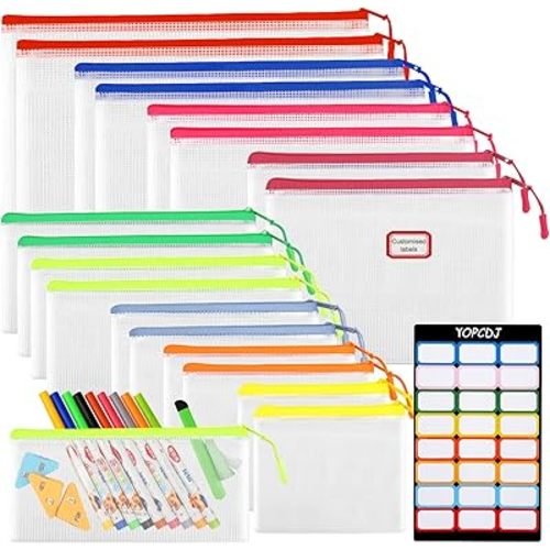 18PCS Mesh Zipper Pouch Bags, Zipper Bags for Office Supplies,9 Colors for Puzzles Board Game Storage, 8 Sizes for Reusable Plastic Zip Organizer for Travel