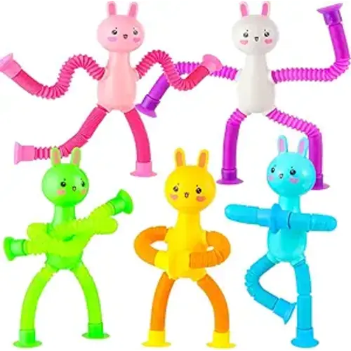 5 Pack Easter Bunny Pop Tubes Fidget Toys - Suction Cup Sensory Toys for Toddlers, Easter Basket Stuffers & Egg Fillers, Fun Easter Gifts for Kids Boys Girls