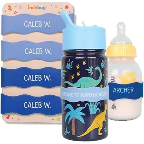 InchBug Orbit Labels Baby Bottle and Water Bottle Silicone Name Bands – Personalized Reusable Label Set for Daycare, Sippy Cups, Preschool, Elementary School, Dishwasher Safe (Slumber Party) 4-Pack