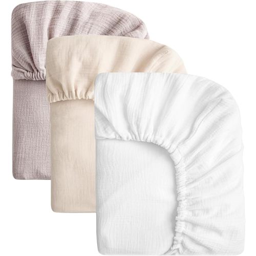 SOULFUL Muslin Crib Sheets for Boys Girls, 3 Pack Soft and Breathable Cotton Fitted Crib Sheets for Standard Crib Mattress (28"x 52", White & Beige & Mist Pink)