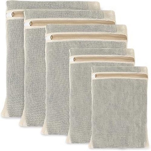 5 Pcs Cotton Mesh Laundry Bags, Sturdy Zipper Breathable Exquisite Wash Bags for Delicates, Underwear, Clothes, with 5 Sizes, Natural