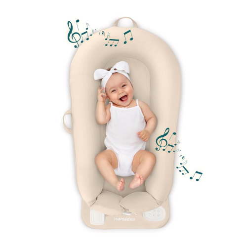 Homedics 3-in-1 Calming Baby Cushion, Soothing Comfort for Newborns & Infants, Snuggling Sensation, Sound and Vibration, Designed for Safety, Cordless, Rechargeable & Machine-Washable, Tan