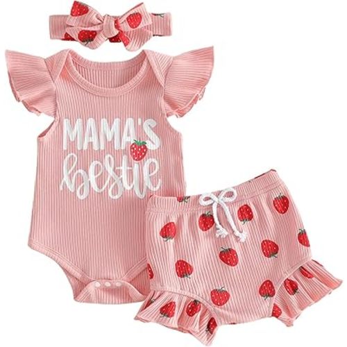Newborn Strawberry Outfit Baby Girl Mama's Bestie Romper Ruffle Onesie Rib Shorts Set Headband 3Pcs Summer Clothes