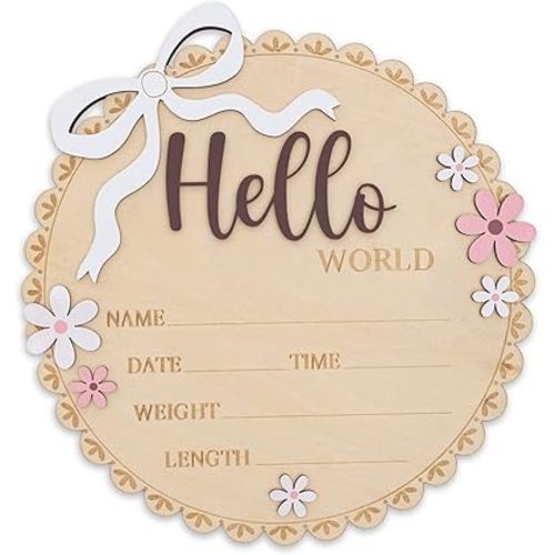 Hello World Wooden Baby Birth Announcement Sign, Pink Floral Newborn Name Date Time Weight Length Board, Baby Girl Nursery Decor Photo Prop Keepsake (White + Mouve)