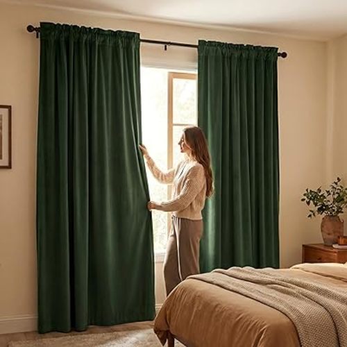 CUCRAF Dark Olive Green Velvet Blackout Curtains for Bedroom Living Room 84 inches Long, Forest Green Curtains Noise Reducing Rod Pocket(52x84 inches, 2 Panels)