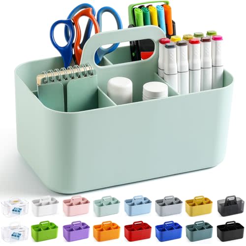 Multiuse Caddy Organizer with Handle - Stackable Plastic Tote Bin - Art Craft Supplies, Office, Desk, Stationery Pen Holder, Kitchen, Utensil, Makeup, Bathroom, Shower, Cleaning, Dorm Organizer - Mint
