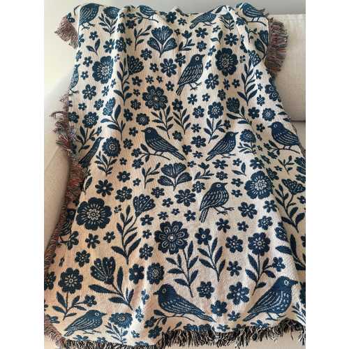 Cottagecore Bird Throw Blanket: Bird Lovers Gift, Blue Floral Birds Woven Tapestry, Mothers Day Bird Gift for Her Grandma Birding Home Decor