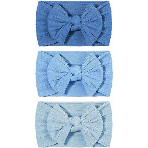 Handmade Baby Girl Headbands with Bows, Soft Stretchy Nylon Baby Headbands, Baby Bows for Girls, Blue Headband for Infants Toddlers（3Pack Blue）