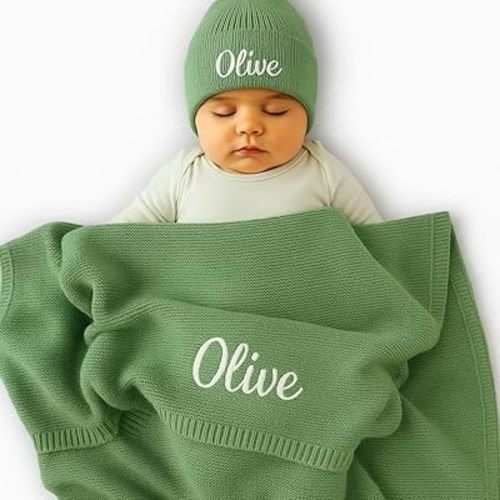Custom Baby Blanket with Name, Knit Baby Blanket with Ruffle Edge, Personalized Soft Lightweight Swaddle for Newborn, Infant, Toddler, 3 Size Options