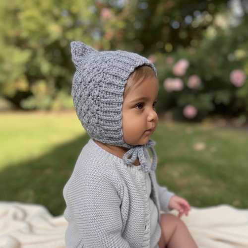 Baby Pixie Bonnet Hat: Secure Tie, Warm Ear Coverage Handmade Crochet Toddler Bonnet - Winter Sky blue color