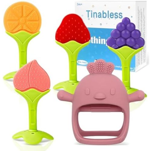 Tinabless Baby Teething Toys 5 Pack, Food Grade Silicone Teething Mitten & Teethers for Babies 3-12 Months, BPA-Free Infant Chew Toys for Teething Relief, Easy-Grip, Freezer Safe, Coral Red