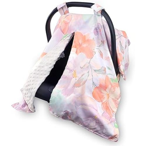 Car Seat Cover Baby, Infant Car Seat Canopy Covers for Newborn Girls Boys, Soft Minky Carseat Covers Stretchy Multi-Use Nursing Cover for Stroller Baby Car Seat, Purple Floral