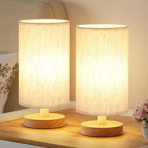 Fenmzee Small Table Lamp for Bedroom - Inline Control, Bedside Lamp with 3000K A15 LED Blub, Easy Assembly (Cream Shade - Wood Base, 9" Inline Control)
