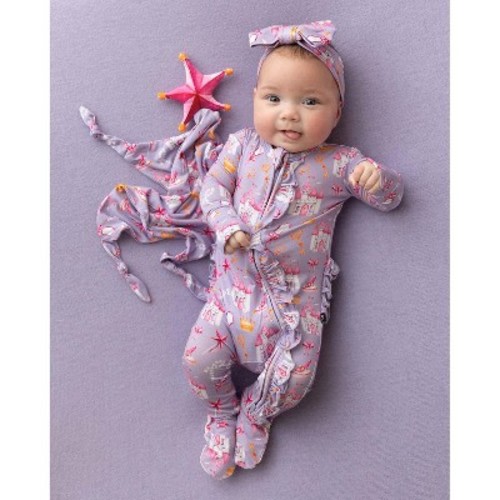 Lev Baby Infant Girls' Buttery Soft Princess Ruffled Double Zipper Footie Pajama Purple 0-3M