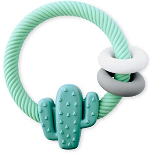 Itzy Ritzy Silicone Teether with Rattle; Features Rattle Sound, Two Silicone Rings and Raised Texture to Soothe Gums; Ages 3 Months and Up; Cactus