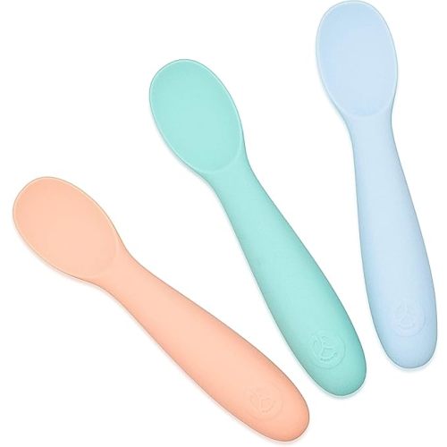 WeeSprout Baby Spoons for Self Feeding 6 Months +, Soft & Durable Silicone Utensils for Sensitive Gums & Teeth, Easy Grip Handles & Shorter Length for Little Hands, 3 Pack + Carrying Case