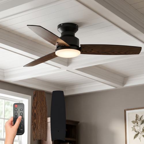 Wooakway 42-in Matte Black 3-Blade Flush Mount Ceiling Fan with LED Light Reversible Black and Walnut Blades Quiet Reversible Motor and Remote Control
