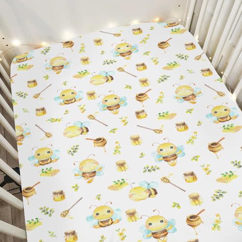 Bee Honey Baby Crib Sheets for Boy Girl 52"x28" Cute Bees Honeycomb Floral Leaves Soft Snug Fitted Crib Mattress Cover Summer Spring Garden Baby Sheet for Standard Crib & Toddler Bed Mattress
