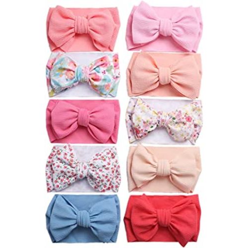 KIDOCHEESE Big Bows Hairbands, Soft Polyester & Nylon Hairband with Large Bows for Baby Girls Newborn Infant Toddlers Kids, 10 Colors in 1 Package