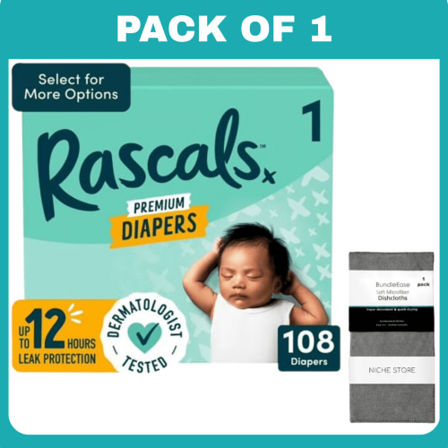 Rascals Premium Absorbent Baby Diapers Size 1, 108 Count-1 pack-with cleaning towel