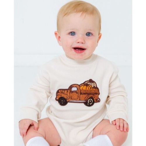 Fall Truck Patch Long Sleeve Romper, Natural - Sweet Wink | Maisonette