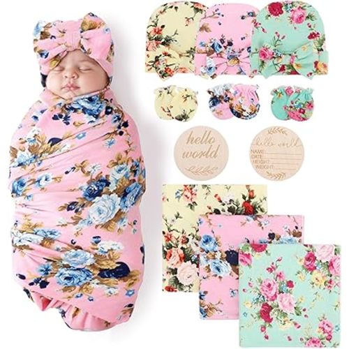 AQOKKA Newborn Receiving Blanket with Bow Hat Mittens Set Nursery Swaddle Wrap Toddler Swaddles for Newborn Baby Boy Girl
