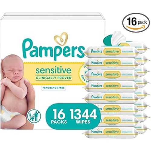 Pampers Baby Wipes, Sensitive, Water Based Wipe, Clinically Proven, Hypoallergenic, and Unscented for Babies, 1344 Wipes Total (16 Flip-Top Packs) [Packaging May Vary]