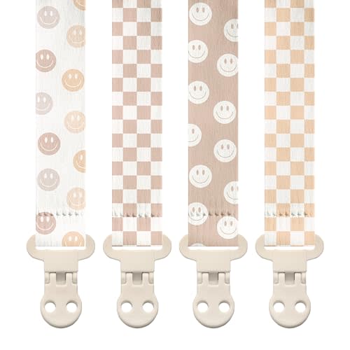 Stadela Baby Pacifier Clip Holder - Girl or Boy Unisex 4 Pack Gift Set - Retro Checker and Smiley Faces Design