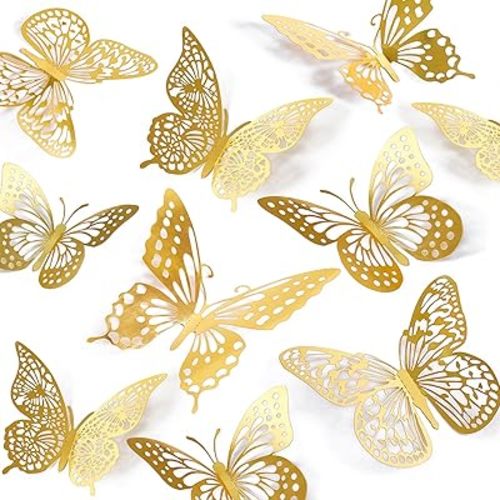 SAOROPEB 3D Butterfly Wall Decor - 48 Pcs, 4 Styles, 3 Sizes, Gold Butterfly Decorations for Birthday & Party Celebrations, Removable Stickers