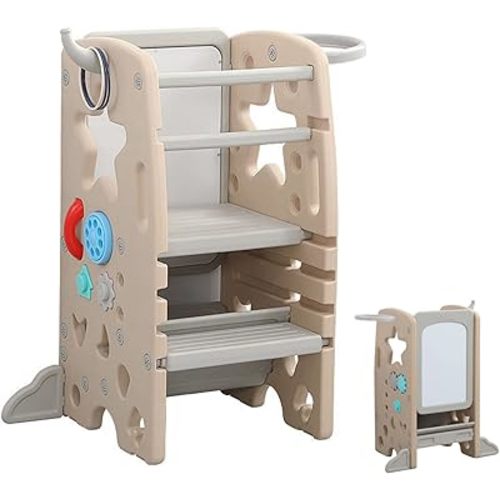 UNICOO® Multifunctional Kids Step Stool w/Double Safety Rails, Height Adjustable, Toddler Tower for Kitchen Countertop and Bathroom w/Drawing Board & Storage (OMLT-Light Brown)