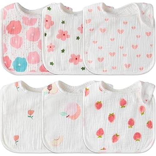 Zainpe 6Pcs Snap Muslin Cotton Baby Bibs Flowers Strawberry Patterns Infants Drooling Bib Soft Absorbent Adjustable Feeding Burp Cloths for Newborns Boy Girl Toddlers Teething Eating 0 to 36 Months