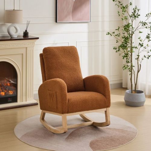 Modern Nursery Rocking Chair, Caramel Upholstered High Back Glider with Rubber Wood Legs, Rocking Accent Armchair for Living Room & Bedroom-Panipeachy