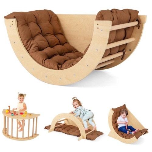 Babyjoy Climb Playset 6-in-1 Wooden Arch Rocker Kids Climbing Ladder Toy w/Removable Cushion Activity Table Brown
