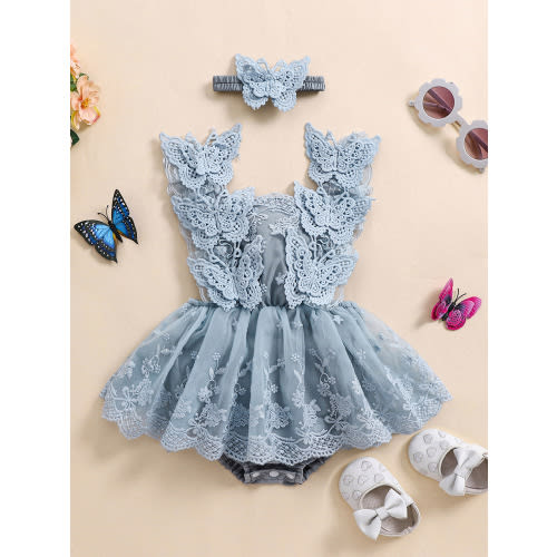 6-12mths Baby Girls Rompers Dress Lace Butterfly Fly Sleeve Mesh Skirt Hem Jumpsuits Bodysuits with Headband, for Outdoor
