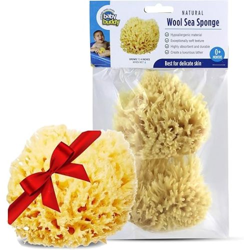 Baby Buddy Absorbent Natural Bath Sponge, Ultra Soft Premium Sea Wool Sponge, Soft on Baby's Tender Skin, Bath Accessories Baby and Kids, Infant Bath, Biodegradable, Hypoallergenic, 2pk, 4in