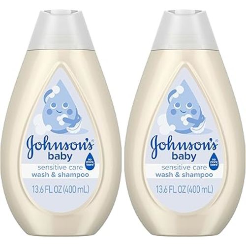 Johnson's Sensitive Care Baby Wash & Shampoo, Daily Moisturizing 2-in-1 Baby Wash & Shampoo to Gently Cleanse Without Drying Out Sensitive Skin, Light Scent, Hypoallergenic, 13.6 fl. oz (Pack of 2)