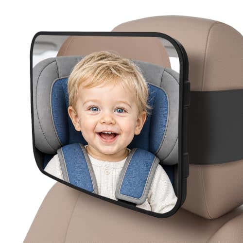 Car Mirror for Baby, Baby Car Mirror for Rear Facing Carseat Shatterproof | Extra Wide Anti-Slip Strap, Universal Fits Fixed & Adjustable Headrests, HD Wide Angle View, 360° Swivel Adjustment