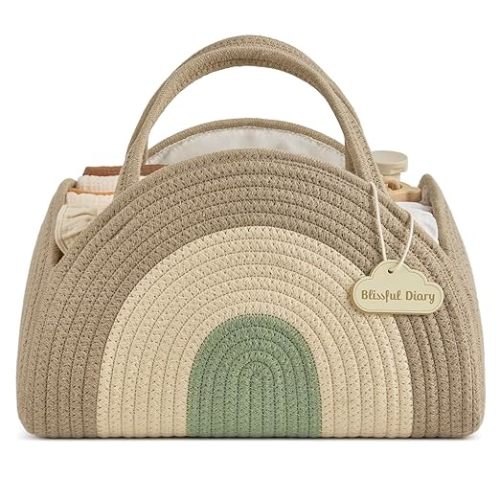 Blissful Diary Baby Diaper Caddy Organizer, Cotton Rope Diaper Caddy Basket, Large Storage Basket for Newborn Boys and Girls, Gift for Baby Shower List, Newborn Essentials, Natural Rainbow